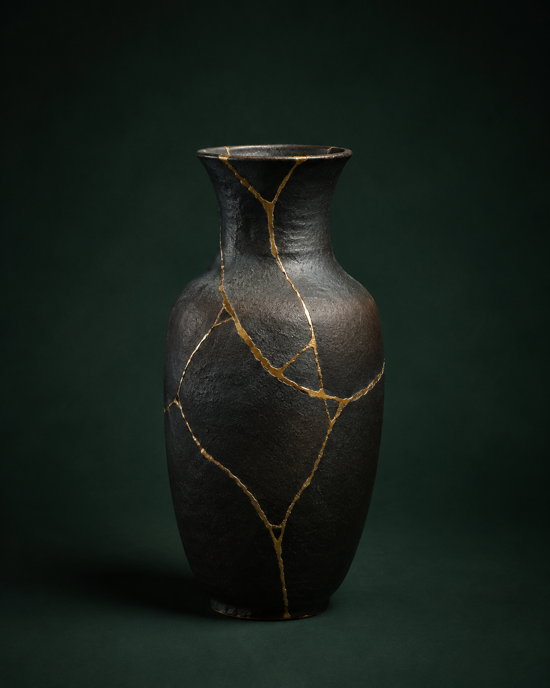 A dark ceramic vase visibly repaired with fine gold kintsugi seams